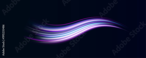 Electric blue and pink waves twist like ribbons. Sparkling particles scatter along luminous curves. The artwork radiates futuristic motion.