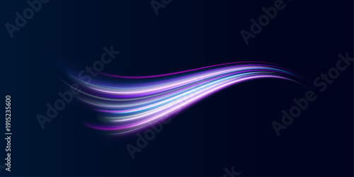 Cyan and violet neon lines twist and loop elegantly. Tiny glittering sparks follow luminous curves. The image conveys speed and sophistication.