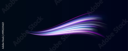 Pink and blue glowing arcs form a dynamic spiral. Sparkling particles trail every curve. The scene radiates motion and creativity.