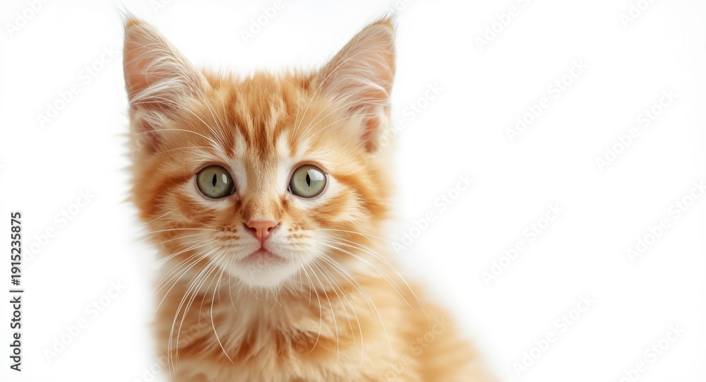 Fototapeta premium Ginger kitten with lively eyes on a bright white background