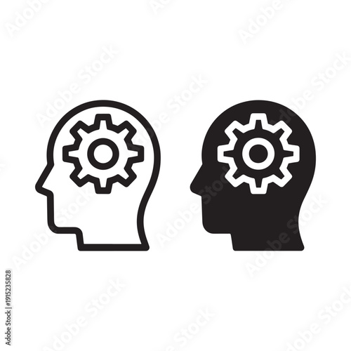 Two human head silhouettes containing gear mechanisms representing thought processes