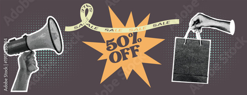 Retro vintage pop art, comic halftone Collage sale banner with megaphone and shopping bag, vintage pop art collage, retro advertising, social media cover header design