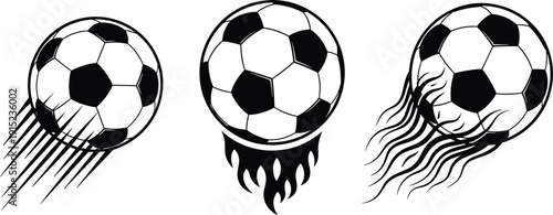 Collection of dynamic soccer ball vectors with flaming trails and speed lines for energetic sports competition and tournament branding.