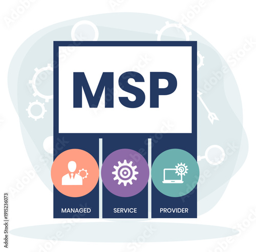 MSP, Managed Service Provider acronym. Concept with keyword and icons. Flat vector illustration. Isolated on white