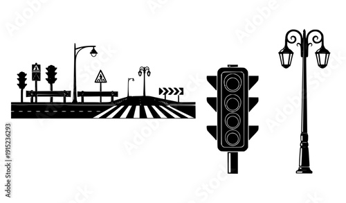 "Black and White Urban Traffic and Street Vector Set, isolated on transparent background"