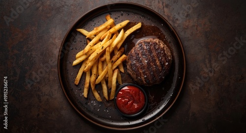 Wallpaper Mural Overhead image of a delicious burger paired with fries and sauce on a dark round plate Torontodigital.ca