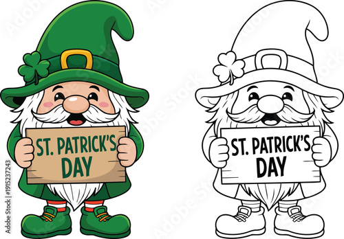Cute Leprechaun Gnome Holding St Patricks Day Sign Vector Illustration for Kids Coloring Book and Design