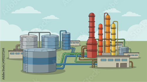 Industrial factory with smokestacks and pipes.