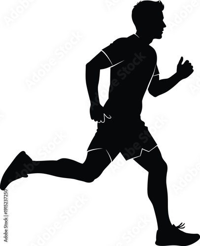 A silhouette of a man running in a dynamic pose with one leg extended behind him and the other bent in front
