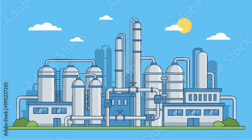 Industrial factory with smokestacks and pipes.