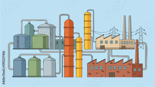 Industrial factory with pipes and chimneys.