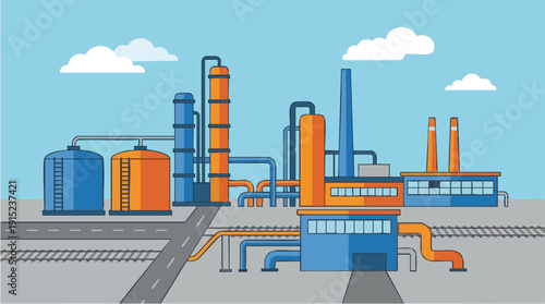 Industrial factory with smokestacks and pipes.