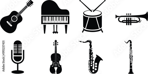 Musical instrument icon set in black silhouette style featuring guitar, piano, drum, trumpet, microphone, violin and saxophone isolated on light background