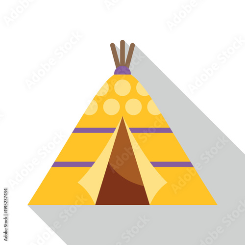 Yellow teepee with purple stripes and brown poles casting a shadow on a white background