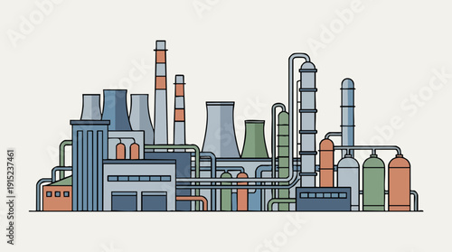 Industrial factory with smokestacks and buildings.