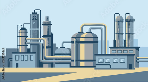 Industrial factory with pipes and towers.