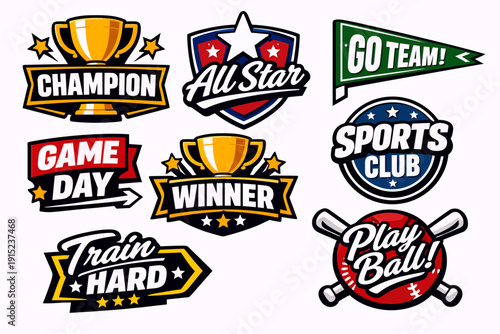 A collection of colorful sports-themed badges, emblems, and pennants featuring trophies, stars, and motivational phrases like "Champion," "All Star," "Winner," and "Play Ball!".
