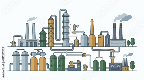 Industrial factory with smokestacks and pipes.