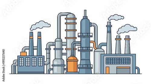 Industrial factory with smokestacks and pipes.