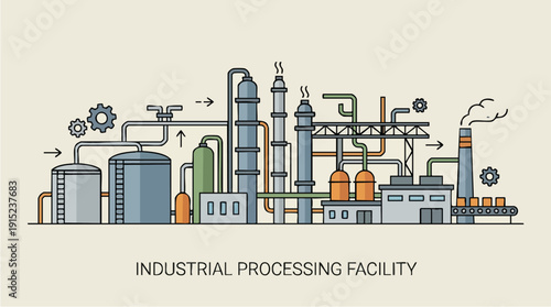 Industrial processing facility with smokestacks.