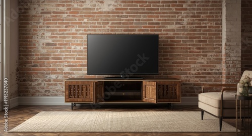 Wallpaper Mural elegant tv cabinet placed before a vintage brick wall in a comfortable living space Torontodigital.ca