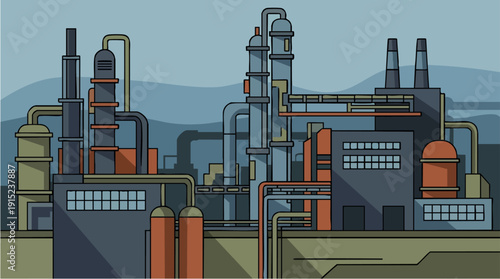 Industrial factory with smokestacks and pipes.