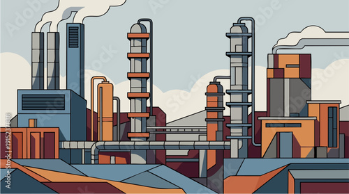 Industrial factory with smokestacks emitting smoke.