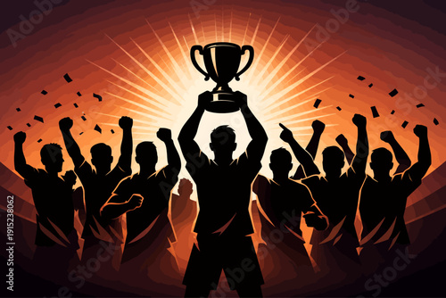 Silhouette of a triumphant sports team celebrating victory with a trophy and confetti against a glowing sunburst background.