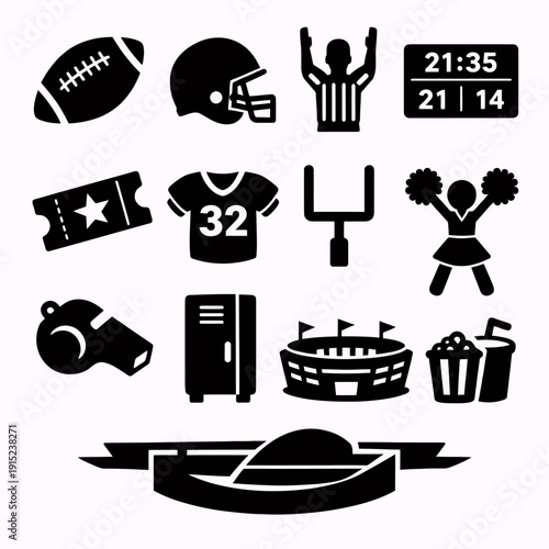 Collection of American football icons including equipment, players, stadium, and fan items in black silhouette style.