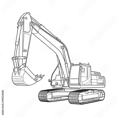 Line art illustration of a heavy machinery excavator with tracks and a bucket
