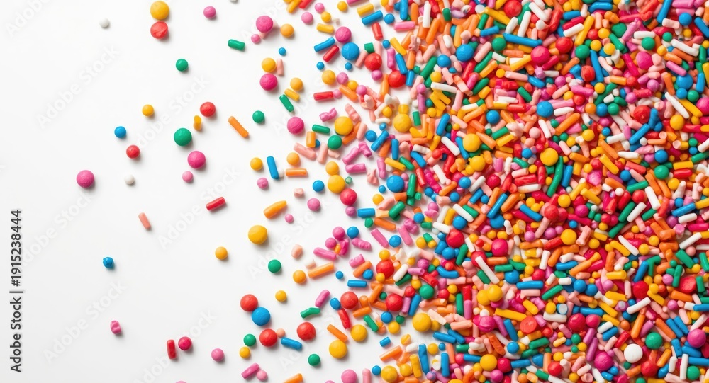 Fototapeta premium Colorful sprinkle assortment creating dynamic contrast on a white background