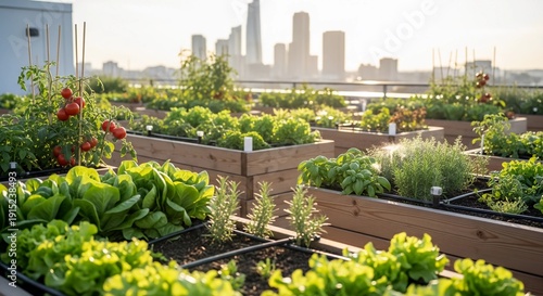 Rooftop vegetable garden with wooden raised beds and fresh plants at sunset, urban agriculture and sustainable city living concept, modern skyline background