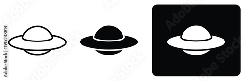 UFO icon set. Flying saucer vector symbols. Alien spaceship collection in outline and glyph styles for sci-fi and space design.