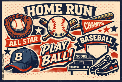 A vibrant retro-style baseball collage featuring various elements like a glove, bat, ball, cap, and scoreboard with text like 'HOME RUN' and 'PLAY BALL!'.