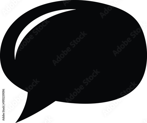 A black speech bubble icon on a white background for communication and dialogue