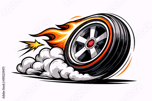 Dynamic illustration of a burning rubber tire with flames and smoke, depicting speed and power.