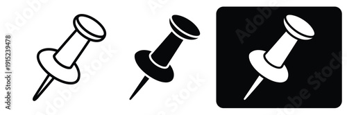 Push pin icon set. Thumbtack vector symbols in outline, glyph, and flat styles for office and map markers.