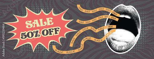 Retro pop art comic style advertising banner with sale promotion discount and halftone open mouth, horizontal social media cover header design with vintage texture background
