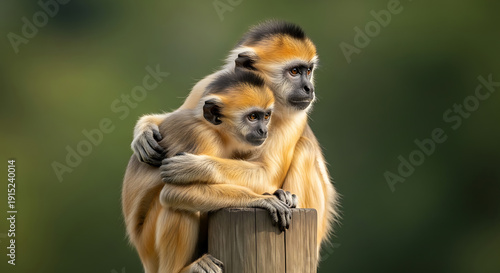 Tender Moment of Two Monkeys Hugging on a Wooden Post