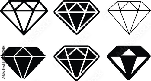 Set of diamond icons in black and white, geometric gemstone logo collection, minimalist line art crystals isolated on light background for branding design