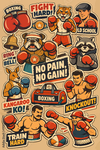 A vibrant collection of cartoon-style boxing stickers featuring human and animal boxers, gloves, and motivational phrases on a light brown background.