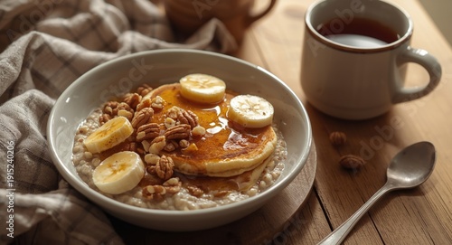 Wallpaper Mural Wholesome morning meal of oatmeal banana pancakes with nuts honey and a warm cup of tea Torontodigital.ca
