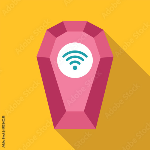 Pink coffin with a wi fi signal icon symbolizing digital presence after death