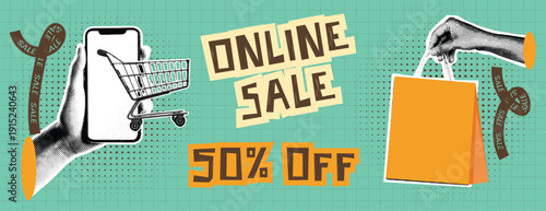 Retro pop art comic style online sale advertising banner with discount message, hand holding phone, and shopping bag, horizontal social media cover header design with vintage paper cutout