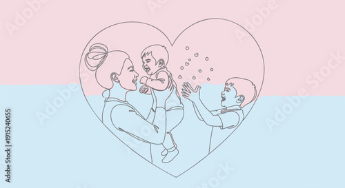 Vector illustration of a loving family with two mothers and a baby inside a heart on a pink and blue background