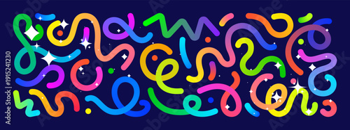 Dynamic colorful gradient abstract twisted elements- lines, loops, swirling rainbow trendy blend stripes, geometric smooth neon isolated curved shapes for design, vector set wavy confetti figures