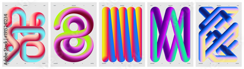 Colorful iridescent color wavy shape, Dynamic multicolored gradient line and loops, Vector minimalistic posters with twisted volumetric line, Geometric background neon curved form set 2