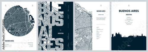 Set of travel posters with Buenos Aires, detailed urban street plan city map, Silhouette city skyline, vector artwork