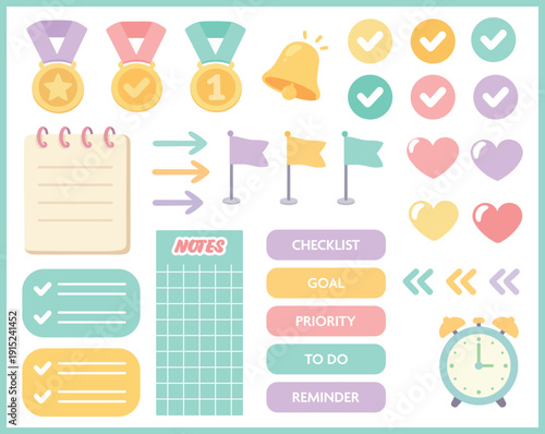 Minimal Pastel Habit and Mood Tracker Planner Stickers Collection with Daily Routine Icons, Productivity Elements and Cute Lifestyle Organization Graphics Set