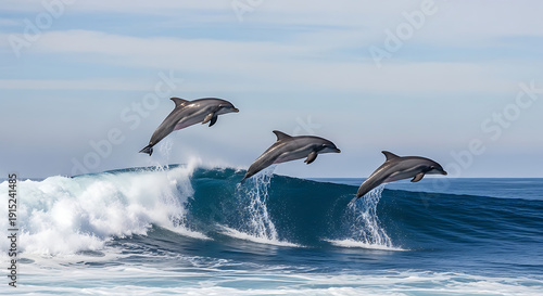 Dolphins Jumping Out of Ocean Waves in the Blue Sea